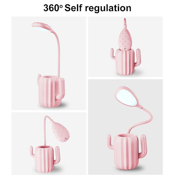 Skrivebordslampe til børn, dæmpbar USB-læselampe, 3 lysstyrkeniveauer, sengelampe med penneholder - Pink