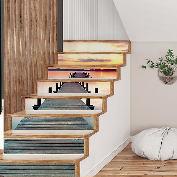 8 stk/sett DIY 3D trappeskilt Vanntette flyttbare landskapsmønster selvklebende trappeskilt（A）