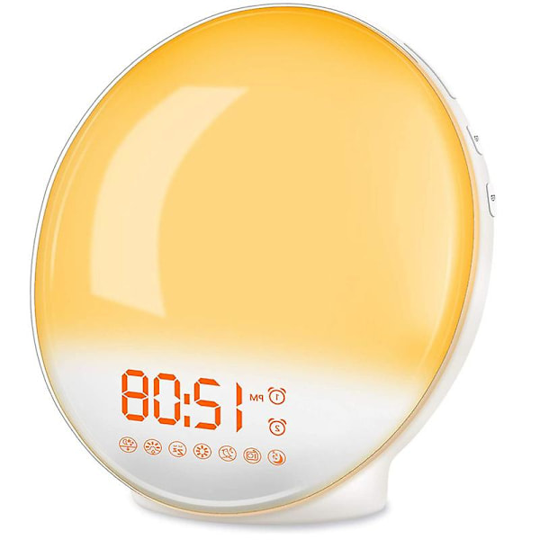 Dww-7 farger Wake-Up Light LED-radio Lys Morgenvekker Klokkeslett Sengelampe Lysstyrkenivåer Dawn and Dusk Simulator 2 Vekkerklokker 7 Naturlige lyder