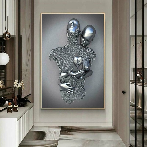 3D-effekt Väggkonst Kärlek Hjärta Abstrakt Metall Skulptur Duk Modern målning Väggdekor Grå konstvägg Alla hjärtans dag present