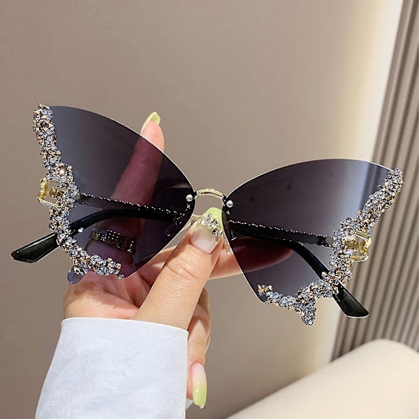 Luksus Diamant Sommerfugl Solbriller til Kvinder Vintage Rammeløse Overdimensionerede Rhinestone Bling Solbriller