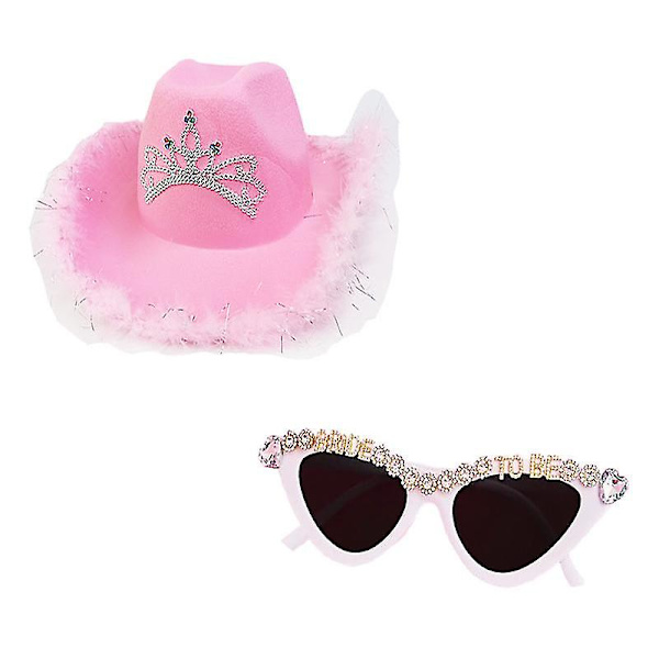 Pink Black Cowboy Hat Crown Western Cowboy Hat + Solbriller Western Feather Edge Cowboy Hat（pink）