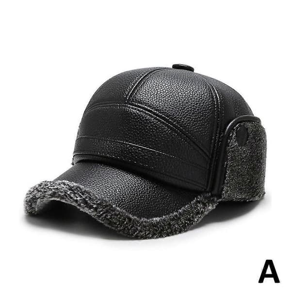 PU-skinnlue for eldre menn - Vintervarm vindtett duckbill-caps Black