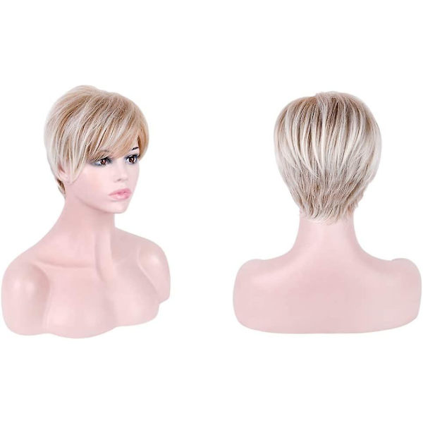Kort blond Pixie Cut Parykker til kvinder Fluffy Lag Lowlight Med Acsergery Rod Stretch Gave