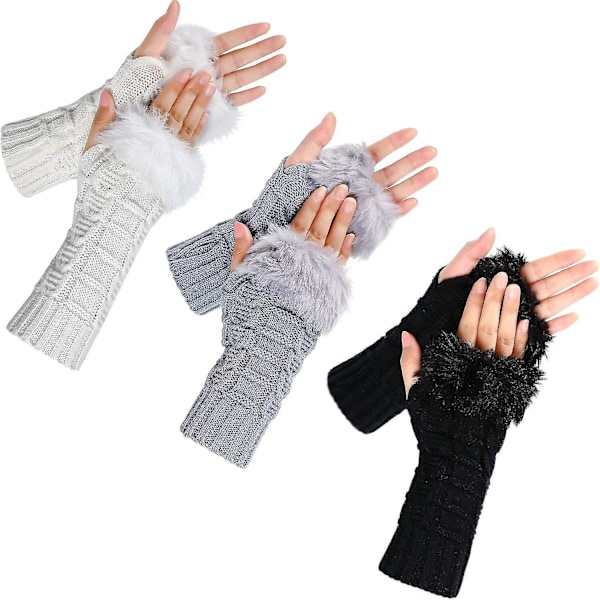 3 Par Fingerlösa Vinterhandskar Fuskpäls Virkad Varm Mellanlång Tumhål
