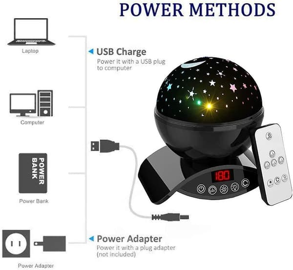 Belysningslampe. Stjerneprojektion med automatisk sluktimer. 7 farverotationer