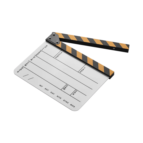 Dry Erase Akryl Regissörsfilm Clapboard Film TV Action Scen Klapper skiffer med gula/svarta pinnar, vit trim