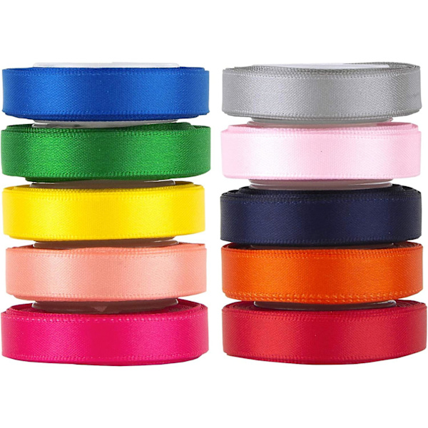 Dubbelsidigt Satängband i Polyester, Enfärgat, 10 Färger, 3/8\" x 5 Yard Varje, Totalt 50 Yard Per Förpackning, Perfekt för Presentinslagning, Hårsnoddar,