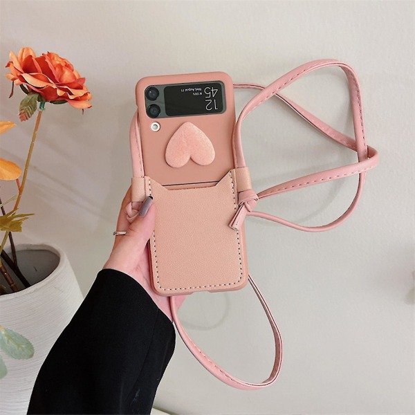 Love phone case som är kompatibelt med Samsung Galaxy Z Flip 4, PC-ram och stötsäkert case i PU-läder med rosa linne