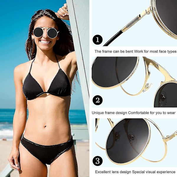 Flip Up Steampunk Solbriller Sort Gotisk Rund Retro Hippie Briller Til Mænd Kvinder
