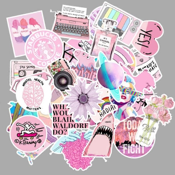 Söta Laptopdekaler för Flickor, Snygga Rosa Vattenflaskedekaler, 53-pack Vinyl, Skateboard, Dator, Resväska, Gitarr, Snowboard