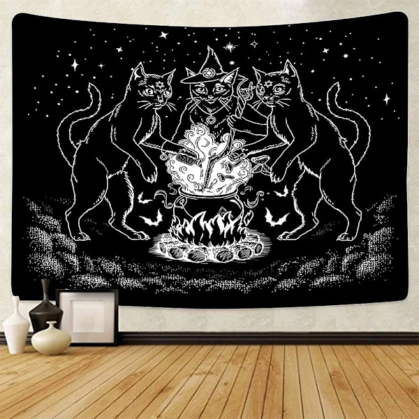Väggdekor 200x150cm Katt Gobeläng Väggbonad Mystisk Spådom Häxkonst Baphomet Ockult Hem Svart Vägg Gobeläng För Sovrum
