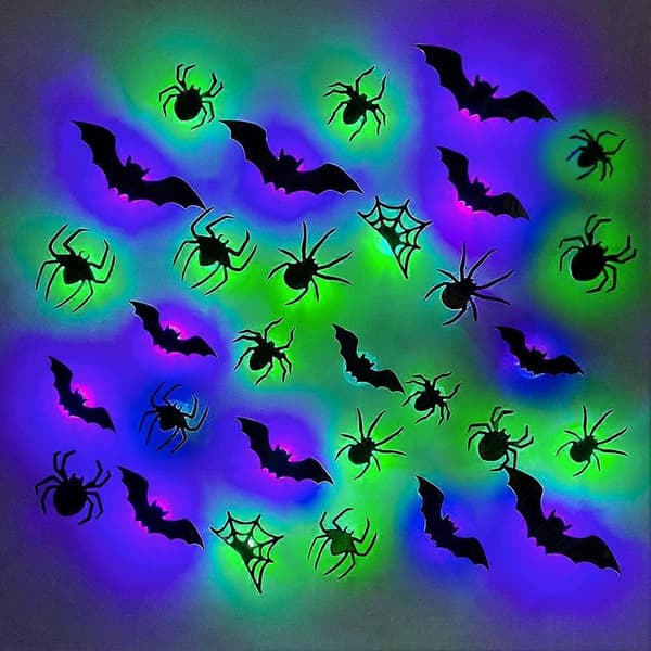 LED Halloween veggdekor med lysende flaggermus og edderkopper 3D-festdekor Bat 24pcs