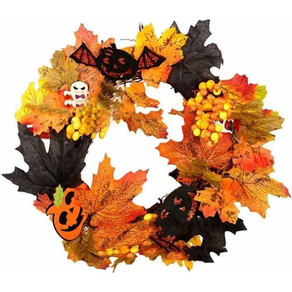 Kunstig gresskarkrans - Flerfarget - Med lys - Høst-/Halloween-dekorasjon