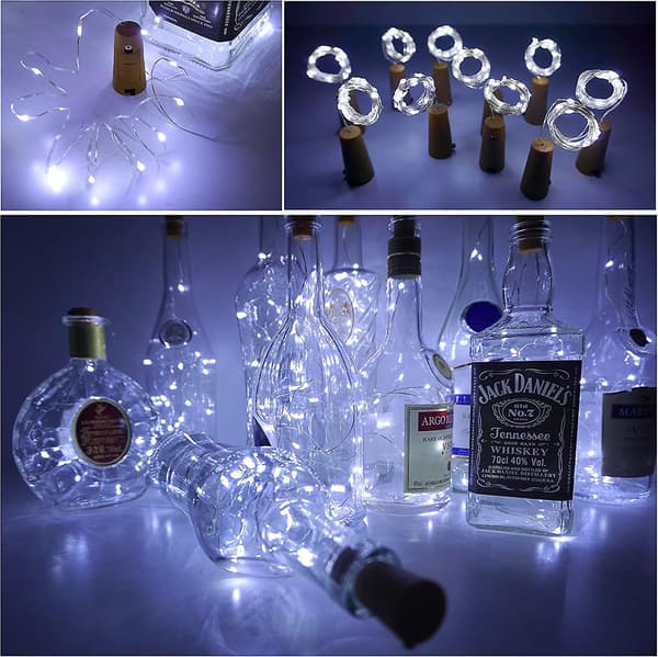 Vinflaskelampor med kork, 10-pack batteridrivna LED-korkform silver koppartråd