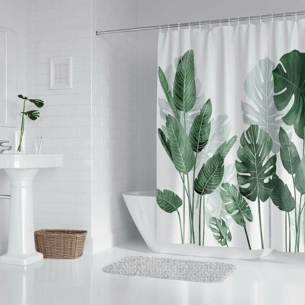 Form duschdraperi 180x200cm Gröna lövmönster Vattentät polyester Tvättbara duschdraperiringar