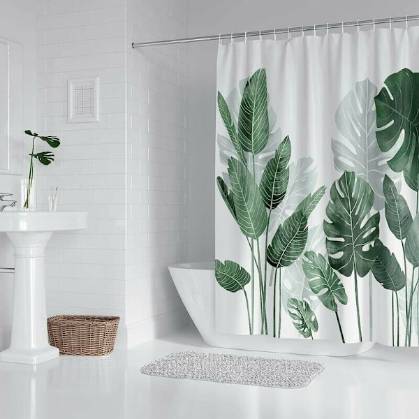 Mögelbeständig Duschdraperi 180x200cm Gröna Bladmönster Vattentät Polyester Tvättbar Duschdraperi Ringar