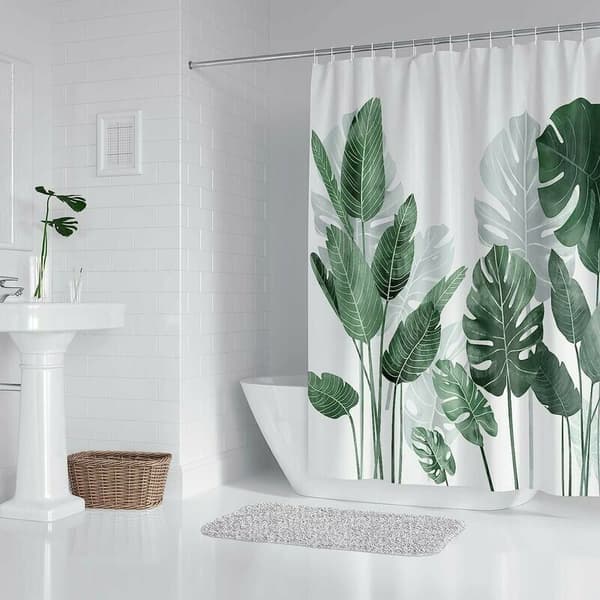 Skimmelresistent bruseforhæng 180x200cm Grønne blade mønster Vandtæt polyester Vaskbar bruseforhængsringe