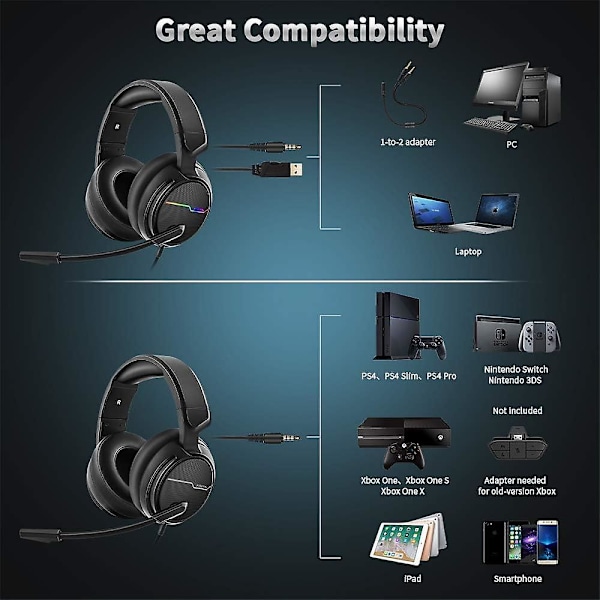 Stereo Gaming Headset til PS4 PS5 Xbox One S - Støjreducerende Over-Ear Hovedtelefoner med Mikrofon - LED Lys Bløde Ørekopper til PC Bærbar Mobil