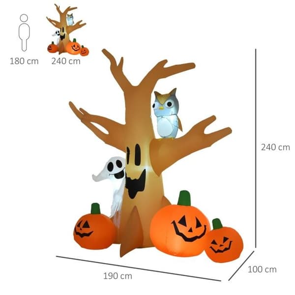 240 cm oppblåsbart lysende Halloween-spøkelsestre med 3 gresskar, spøkelse og ugle - Halloween-dekorasjon