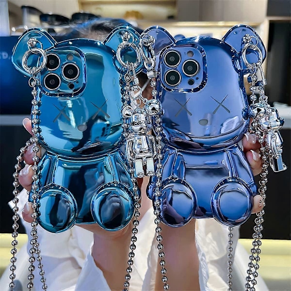 Söt Skal för iPhone 13 Pro Max, 3D Cartoon Björnskal Glitter med Metallkedja Rem Bell Hänge, Mode Plätering Mjuk TPU Stötsäker (Lila)