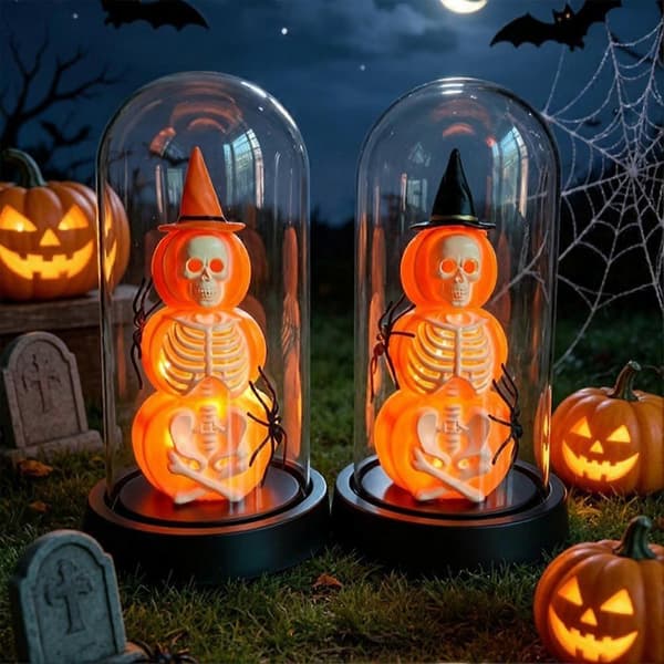 Halloween græskar-skeletpynt med LED-lys til borddekoration, trådløs Black