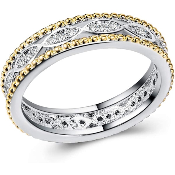 Tvåfärgad Cubic Zirconia Ring Guldpläterad Bandring för Kvinnor Cz Nätt Ring