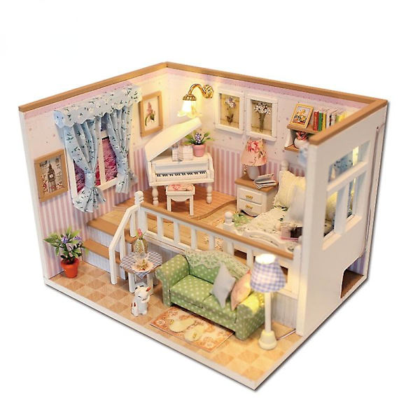 Diy dockhus miniatyr med möbler manuell montering modellstuga