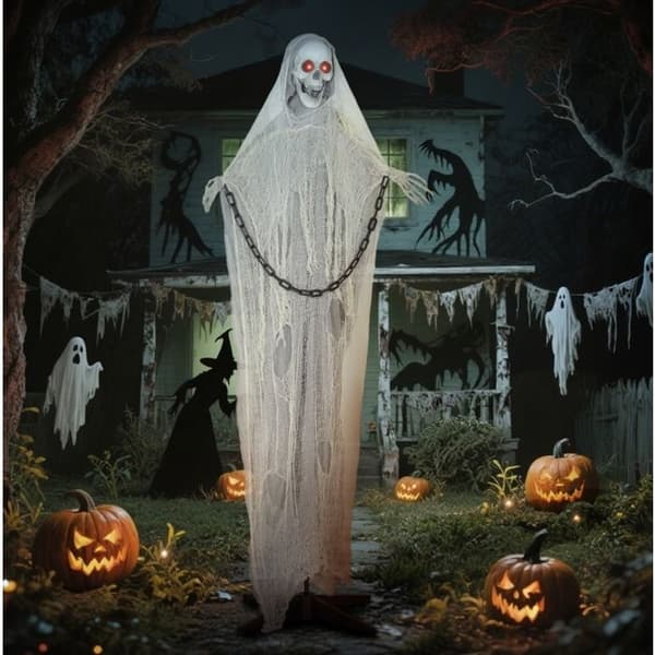 Animeret Grim Reaper Halloween-dekoration 183 cm – Røde LED-øjne, lyd, lydaktivering, grå
