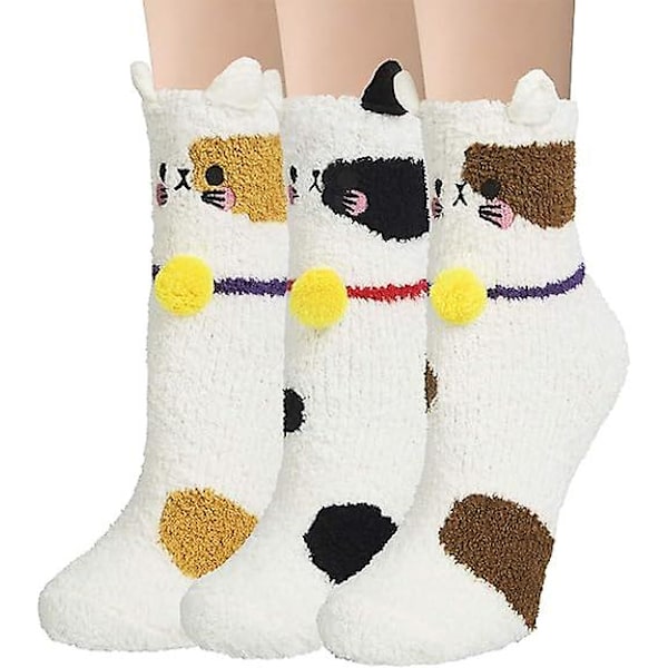 3 Pairs Womens Fuzzy Socks Winter Warm Fluffy Soft Slipper Home Sleeping Cute Animal Socks -cats Socks/Size: One Size