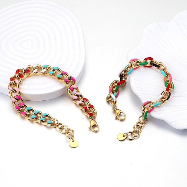 Punk Rostfritt Stål Emalj Curb Kubansk Armband Halsband Män Kvinnor Pläterad 18K Guld Länk Kedja Chokers Solid Metall Smycken Gåva (Halsband stål 7mm)