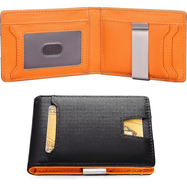 Svart + Orange - Läderplånbok för män - Armored Security Kreditkortshållare - Smal myntväska med Money Clip - (1 st)