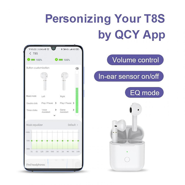 Qcy T8s Langattomat Bluetooth-kuulokkeet Dual Ear Sports In -kuulokkeet Puolet akusta Pystysuora kuuloke Puoli kierros Kuuloke Kuuloke Kuuloke