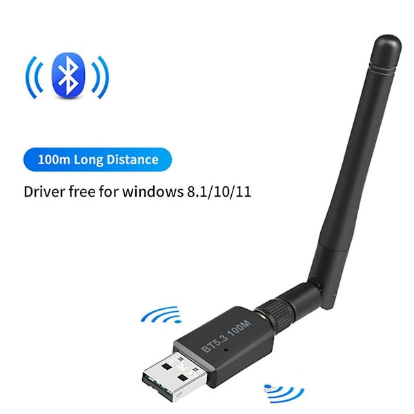 100M Bluetooth 5.3 Adapter Fri Driver USB Bluetooth Dongle Adaptador for Windows 11/10 Mus Tastatur Audio Mottaker（Svart）