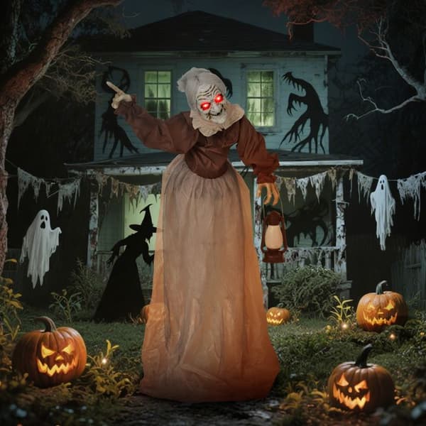 YWJ 150 cm Halloween Heksedekorasjon med LED-lys, lydfunksjon, justerbare armer og hode