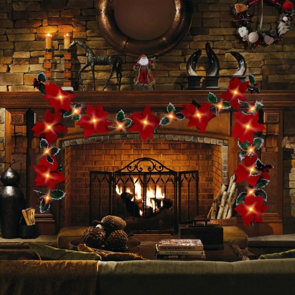 9,8 tum julstjärna julkrans med röda bär och järnek blad, förbelyst konstgjord sammet julstjärna girland för inomhus och utomhus dekoration