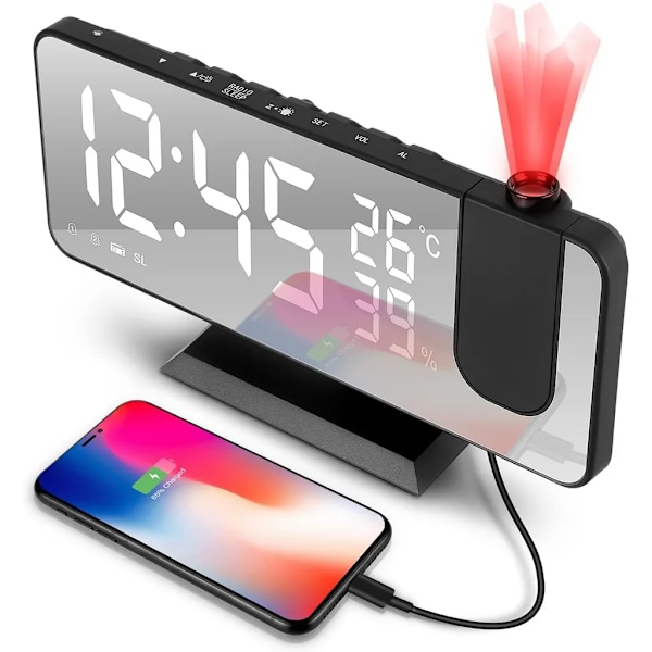 LED digital väckarklocka med 180° projektion, stor LED-display med USB-port, snooze dubbelalarm, 4 projektionsljusstyrkor med automatisk dimmer