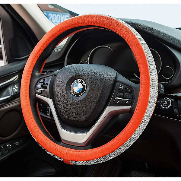 Diamant Rattskinnsrattöverdrag med Kristall Strass Universal 15 Tum för Fusion Focus HRV Corolla Prius Rav4 Tacoma Camry (Orange)