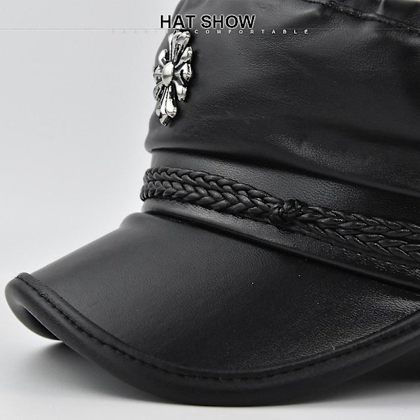 Pu Læder Navy Cap Cross Militær Cap Bælte Baret Fashion Cap Pu Ottekantet Cap Flat Top Cap
