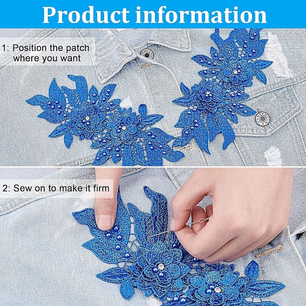 Dww-2 stk. 3D blonder applikationspatches, blå sy på broderi blonder blomster patches blomstermønster perle rhinsten blonder trim stof perle appl