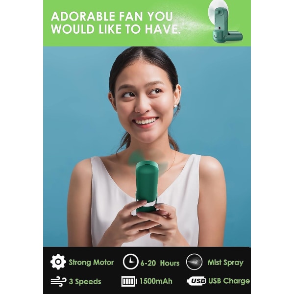 Fickfläkt (grön), mini bärbar handhållen fläkt sprayfläkt, USB uppladdningsbar personlig hopfällbar tyst bälte Power Bank Lämplig för kontor/resor