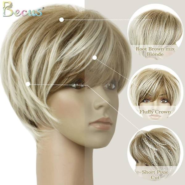 Kort blond Pixie Cut Parykker for kvinner Fluffy Layer Lowlight med rotstrekk