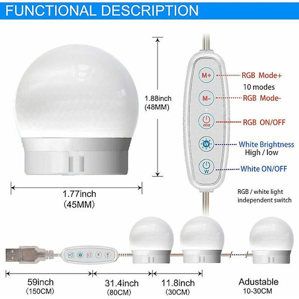 Led Makeup Vanity Mirror Light Kit,makeup Lamp,cosmetic Mirror Light,table Vanity Light,5m,10 Led Bulbs 16 Modes,usb Powered