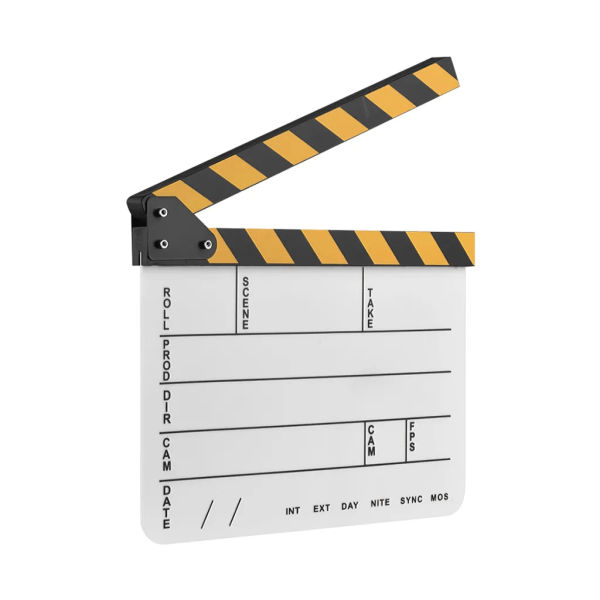 Dry Erase Akryl Regissörsfilm Clapboard Film TV Action Scen Klapper skiffer med gula/svarta pinnar, vit trim