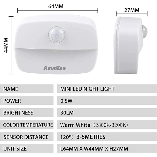 Nattlampa med LED-batteri och rörelsesensor, strömförsörjningsriktningsbrytare