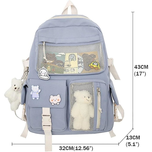 Söpö reppu söpöillä pinsseillä ja tarvikkeilla Söpö kawaii reppu koululaukuksi Kawaii tyttöjen reppu (sininen)