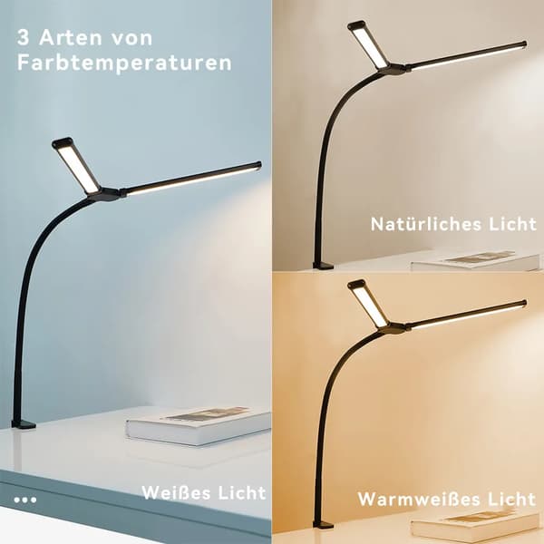 Dobbelthodet LED-skrivebordslampe, trinnløs dimbar, USB-bordlampe