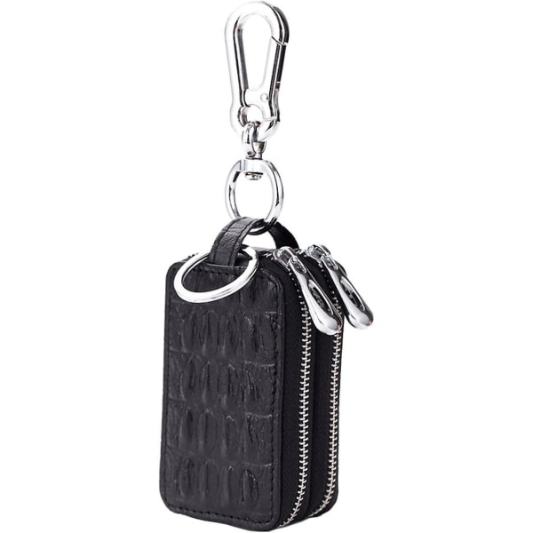Nyckelväska i äkta läder nyckelväska dubbelficka dragkedja svart 9x5x3,5cm