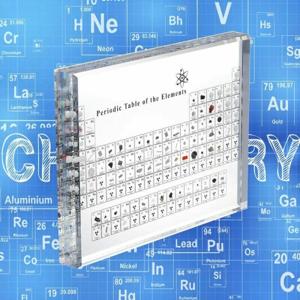 Akryl periodiska systemet med riktiga grundämnen, kemiska grundämnen display, periodiska systemet för grundämnen, skollektioner, födelsedagspresent