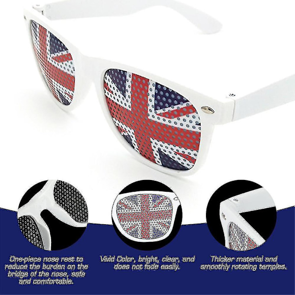 Union Jack stenopeiska glasögon, solglasögon i plast, festliga glasögon, partykläder, glasögon för kung Charles kröning, brittiska nationaldagen
